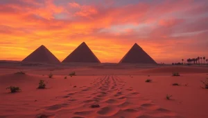 View of the remarkable piraminds of Giza illuminated by sunset against a vibrant sky.