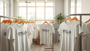 Stella marškinėliai su logotipu rodomi prašmatnioje studijoje.