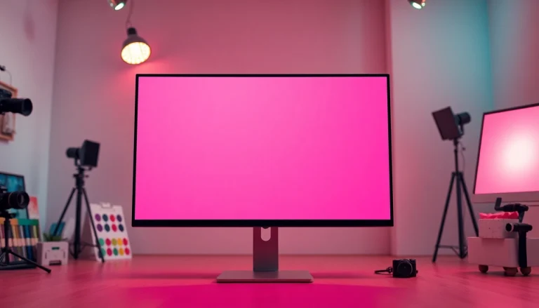 Engaging pink screen displayed on a modern monitor, perfect for creative backgrounds.