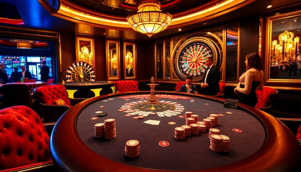 Daga themed high-stakes poker table filled with vibrant chips and cards in an elegant casino.