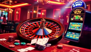 SODO Casino features exciting gambling action with roulette wheel, poker chips, and slot machines.