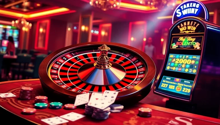 SODO Casino features exciting gambling action with roulette wheel, poker chips, and slot machines.