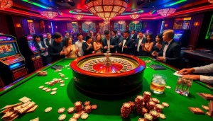 Exciting casino scene showcasing mm88 gaming with roulette and poker tables amidst luxury decor.