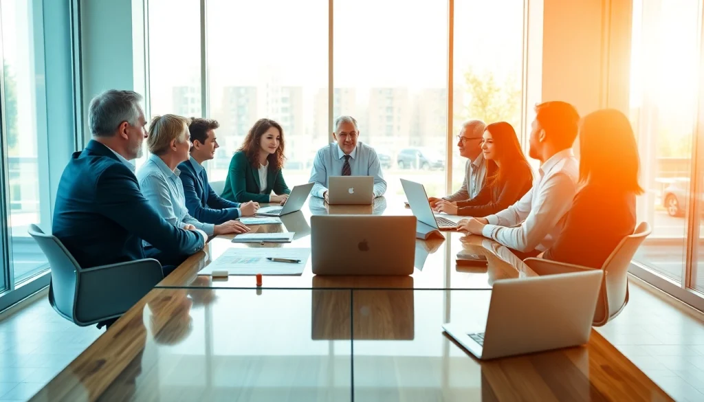 Engaging business coaching service session with diverse participants in a modern office.