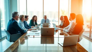 Engaging business coaching service session with diverse participants in a modern office.