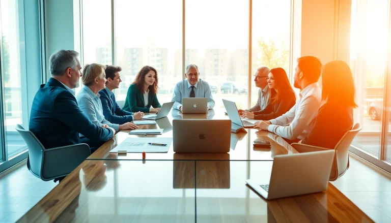 Engaging business coaching service session with diverse participants in a modern office.