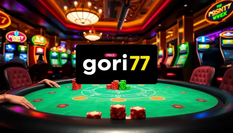 Players strategizing at a poker table in a luxurious casino scene, highlighting gori77 gaming excitement.