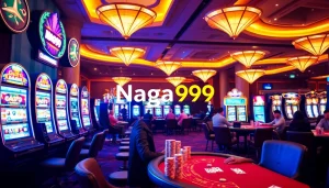 Naga99 players celebrating wins at a luxurious online casino table with vibrant slot machines.