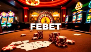 FEBET casino scene showcasing vibrant poker chips and an engaging roulette wheel for ultimate gambling excitement.