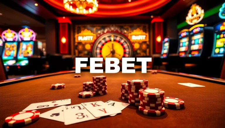 FEBET casino scene showcasing vibrant poker chips and an engaging roulette wheel for ultimate gambling excitement.