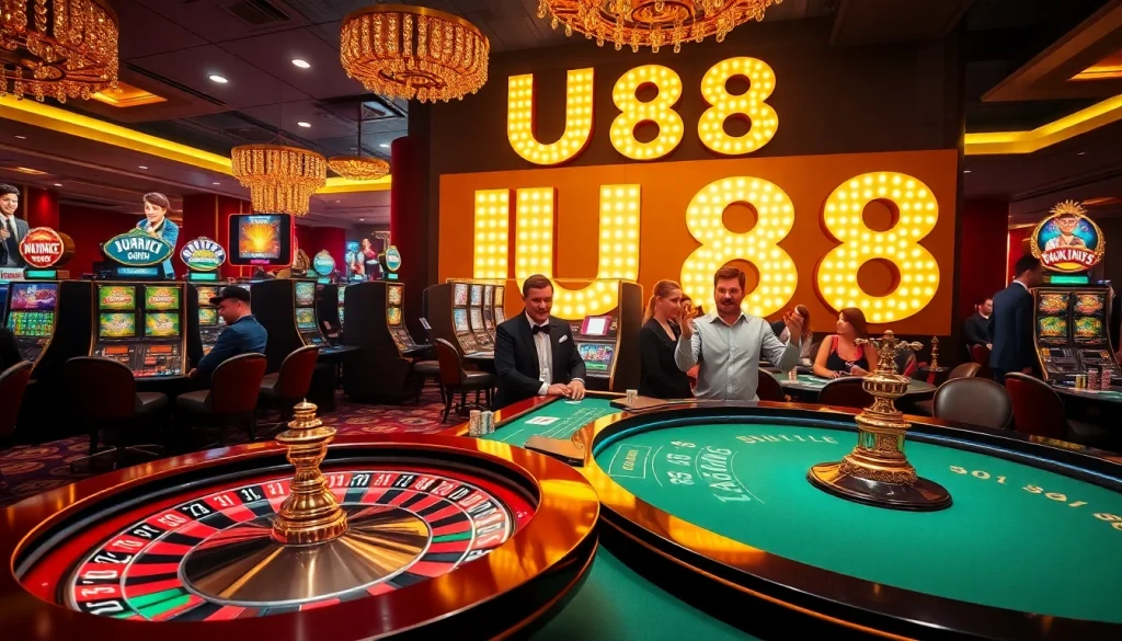 UU88 casino scene with players celebrating wins at a vibrant gaming table.