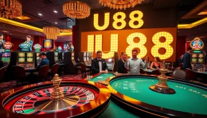 UU88 casino scene with players celebrating wins at a vibrant gaming table.