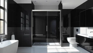 Admire the elegance of a black shower sliding door enhancing modern bathroom decor.