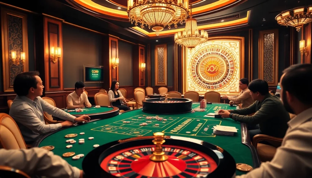 Engage at the GO99 casino table amidst a vibrant gambling atmosphere with excited players.