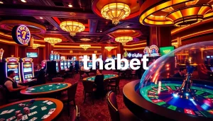 Thabet shines as players engage in lively gambling at a luxurious casino, featuring poker tables and slots.