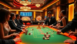 MK8 gaming table packed with excited players and vibrant poker chips during intense betting.