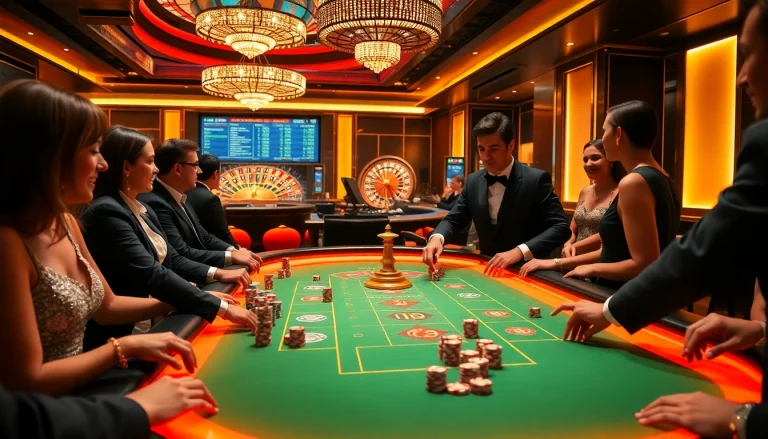 MK8 gaming table packed with excited players and vibrant poker chips during intense betting.