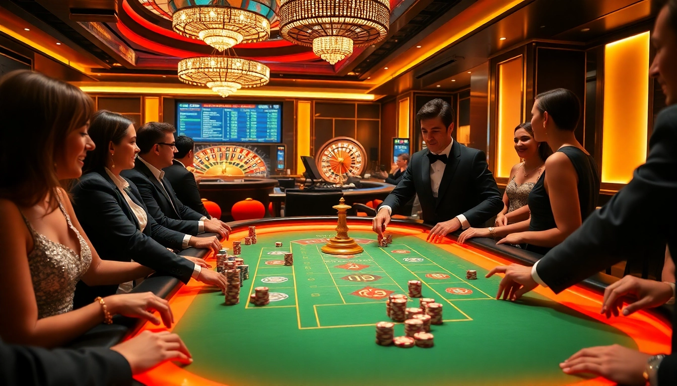 MK8 gaming table packed with excited players and vibrant poker chips during intense betting.