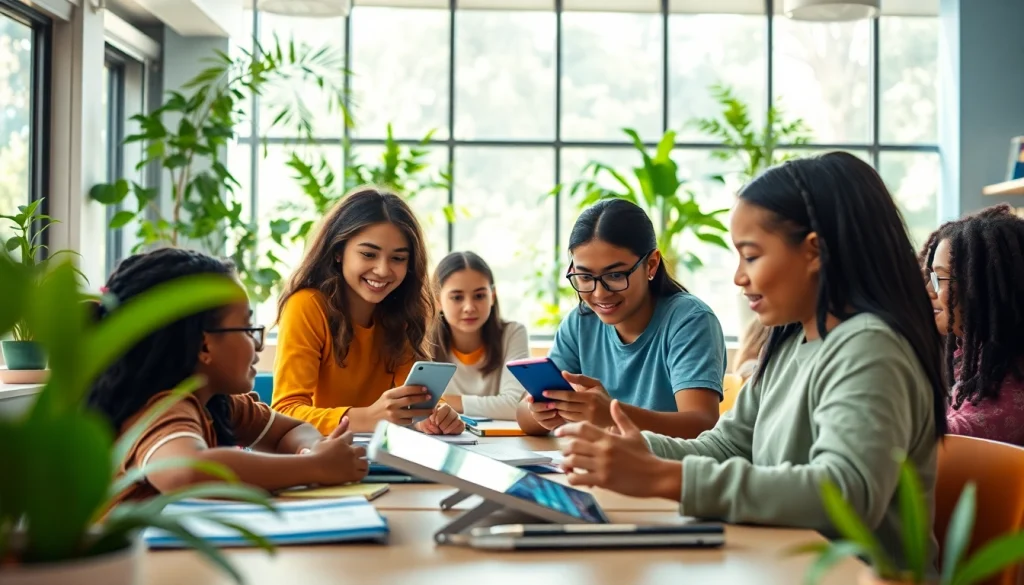 Education reform scene with students collaborating in a modern classroom