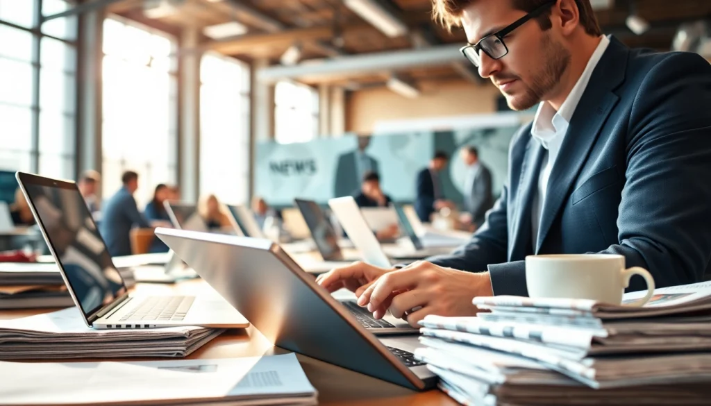 Journalist at work on https://www.thedailynewsonline.com with digital devices and newspapers.