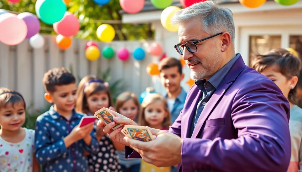Engaging birthday party entertainers captivating children with magic tricks and vibrant decorations.