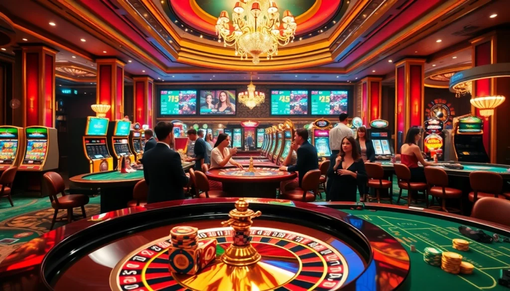 Players enjoying thrilling games at a luxurious casino scene featuring kkwin gaming activities.