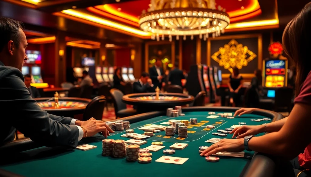 Players enjoying an exciting game of poker at 68VIP casino, showcasing high-stakes poker chips and vibrant action.