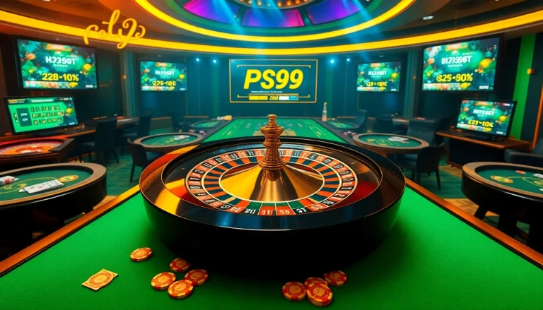 Exciting PS99 online casino scene with a roulette wheel and vibrant betting tables.
