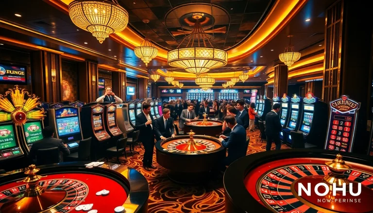 Experience the thrill of winning at NOHU with vibrant casino gaming tables and players.