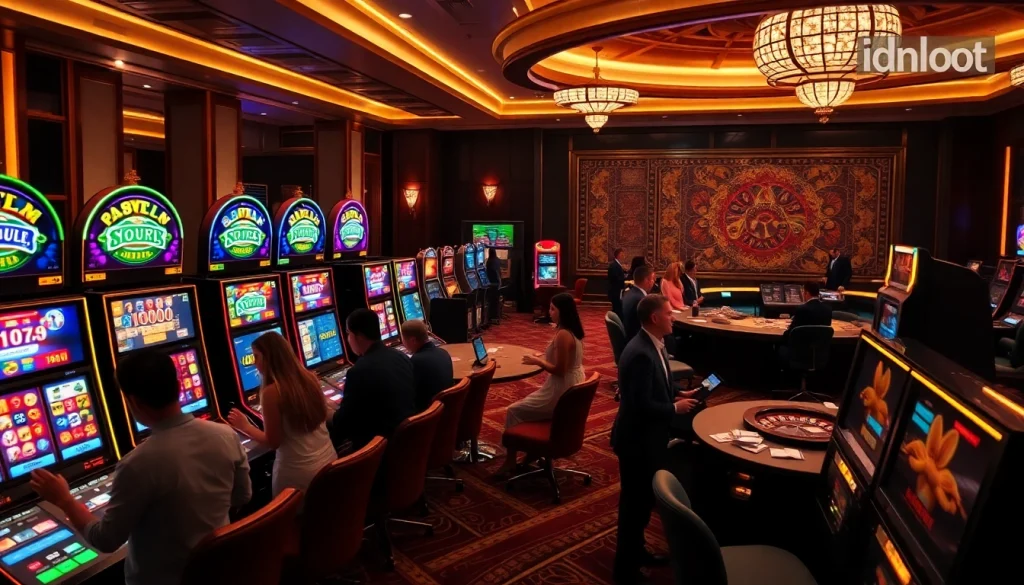 Experience the excitement of idnslot with players enjoying their wins at vibrant casino slot machines.