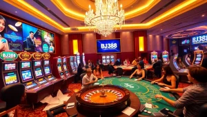 Engaging BJ388 online gambling scene with elegant casino tables and dynamic gameplay visuals.