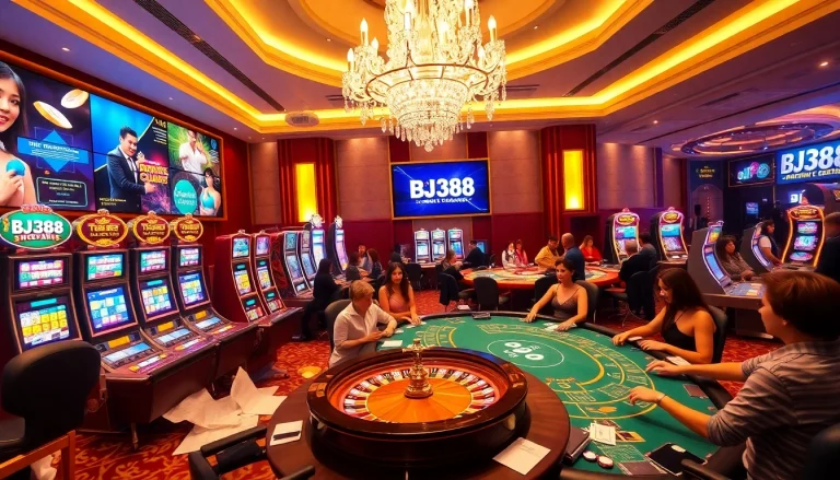 Engaging BJ388 online gambling scene with elegant casino tables and dynamic gameplay visuals.