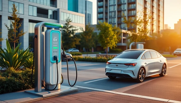 Showcase of EV charging solutions with a sleek charger in an urban setting, emphasizing sustainability.