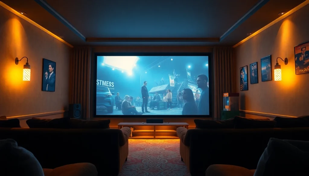 Cozy home theater showcasing layarkaca21 film experience with inviting lighting and plush seating.