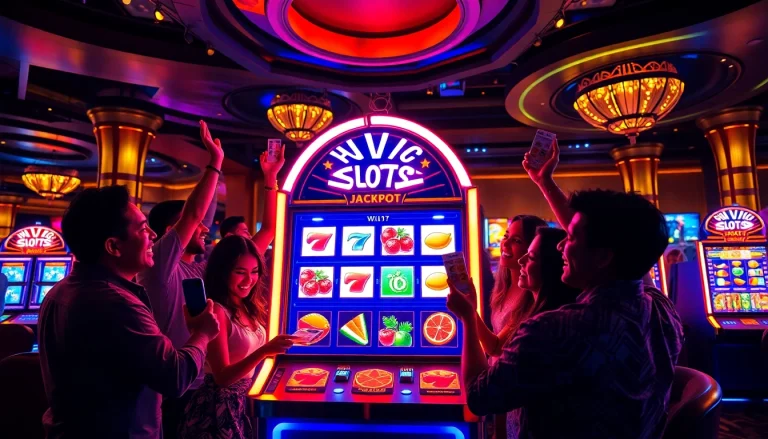 Kegembiraan pemain yang menang pada slot deposit pulsa dengan elemen kasino yang berwarna-warni.