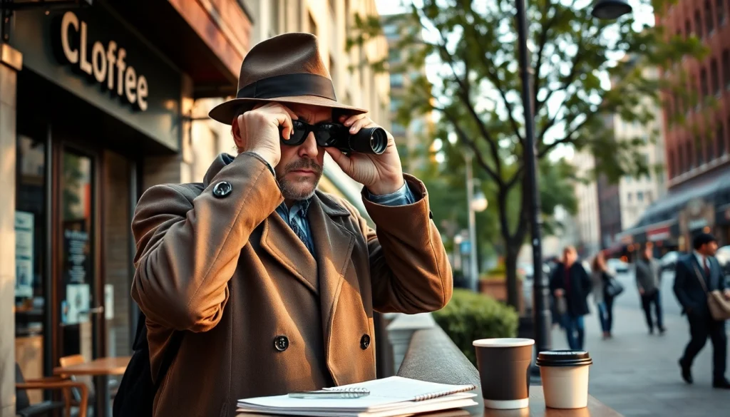Private Investigator in Middletown, CT surveying the scene with binoculars for investigative work.