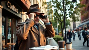 Private Investigator in Middletown, CT surveying the scene with binoculars for investigative work.