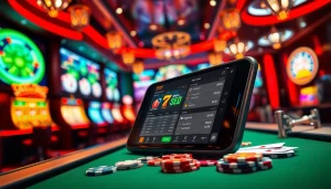 Exciting online betting experience with 77EE on a smartphone amidst a vibrant casino backdrop.