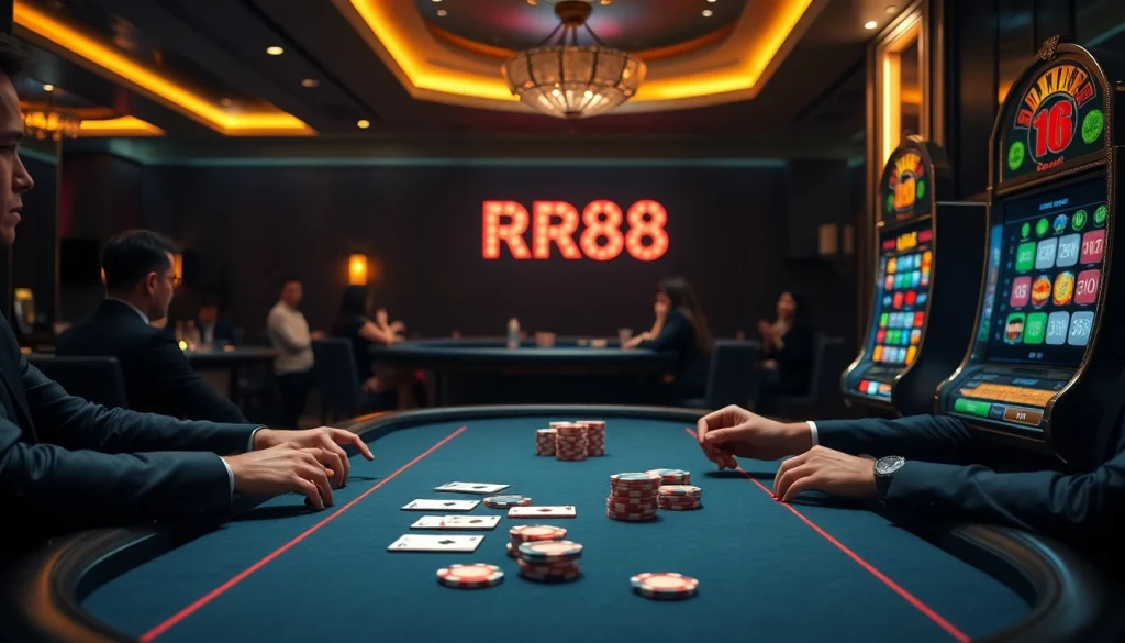 RR88 style poker table scene featuring engaged players and vibrant poker chips
