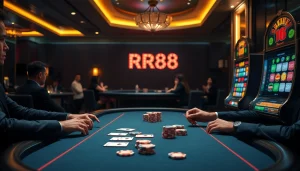 RR88 style poker table scene featuring engaged players and vibrant poker chips