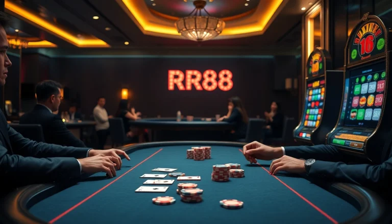 RR88 style poker table scene featuring engaged players and vibrant poker chips