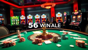 Experience thrilling poker action at 56WIN.SALE with vibrant chips and a spinning roulette.