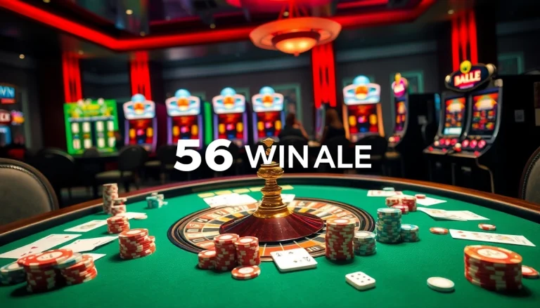 Experience thrilling poker action at 56WIN.SALE with vibrant chips and a spinning roulette.
