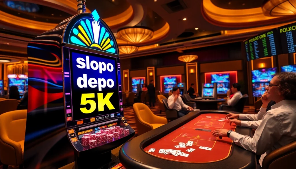 Putar gulungan pada mesin slot Depo 5K yang penuh warna di tengah suasana kasino yang semarak.