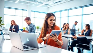 快连下载 service showcased in a modern workspace with people using smartphones, tablets, and laptops.