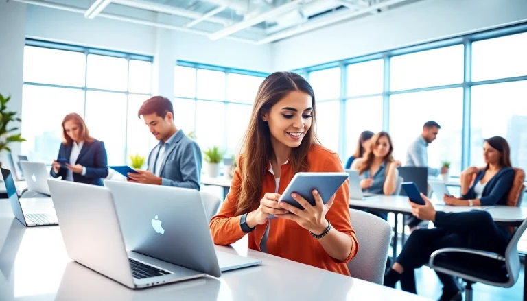 快连下载 service showcased in a modern workspace with people using smartphones, tablets, and laptops.