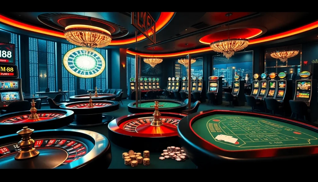 MM88 casino scene showcasing luxury and excitement with poker games and a roulette wheel.