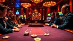 Experience a thrilling poker game at luck8 casino with colorful chips and an elegant atmosphere