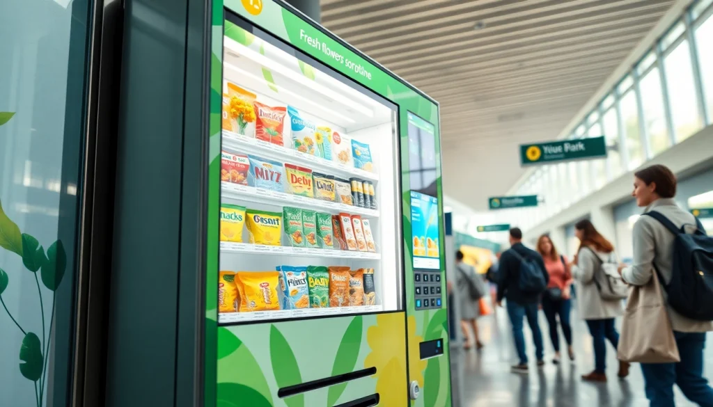 Advanced vending machine by leading vending machine manufacturers, showcasing floral and snack options in a busy urban setting.