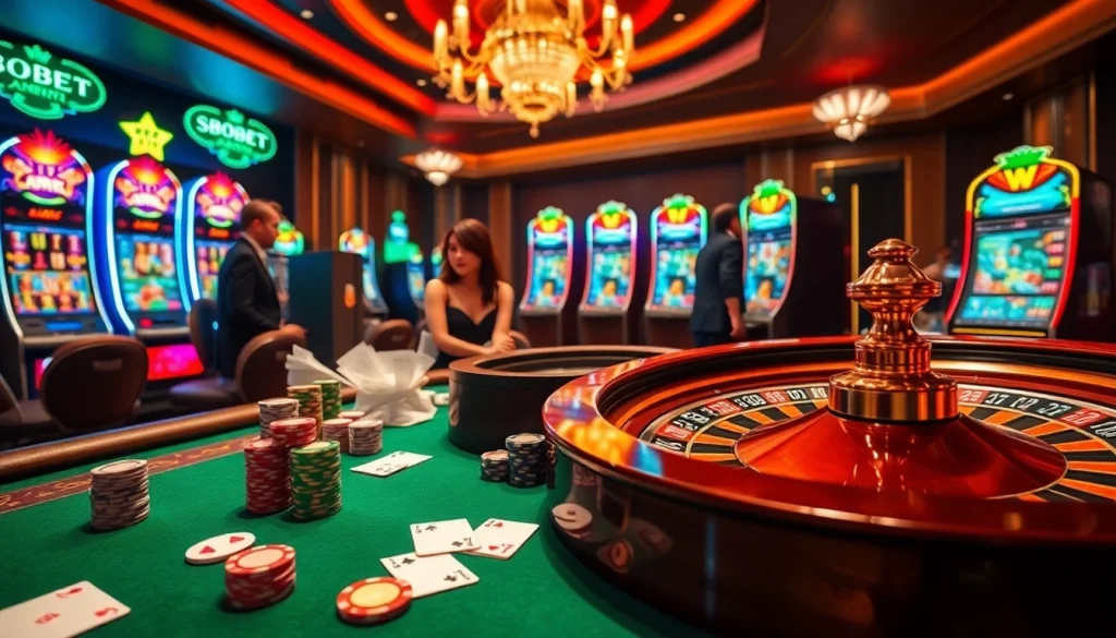 Join the thrill of gambling at SBOBET's vibrant casino floor with poker and roulette.